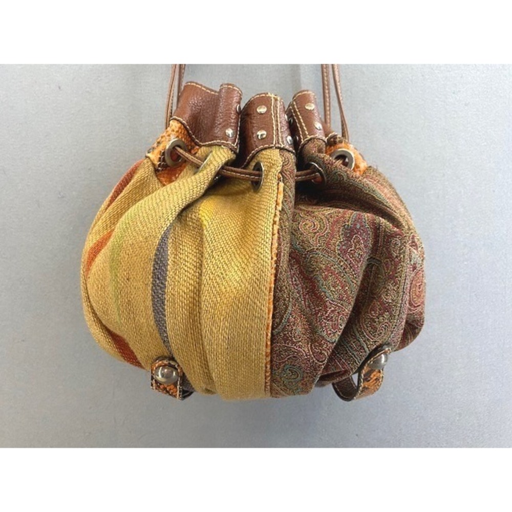 Etro Milano Womens Paisley Tapestry Leather Snakeskin Bucket Bag Multicolor